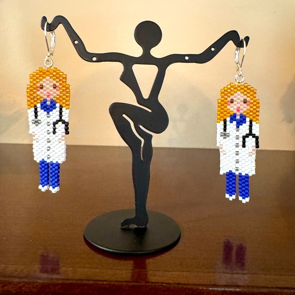 Handcrafted beaded drop earrings physician in white coat and scrubs stethoscope - Picture 6 of 6
